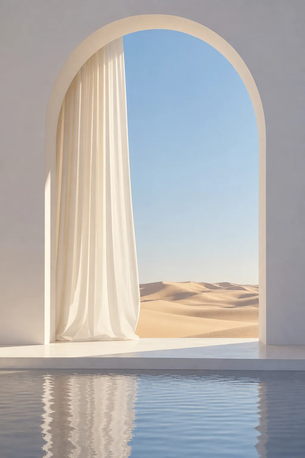 White arched doorway with curtain and desert view｜AI Image Generation Prompts