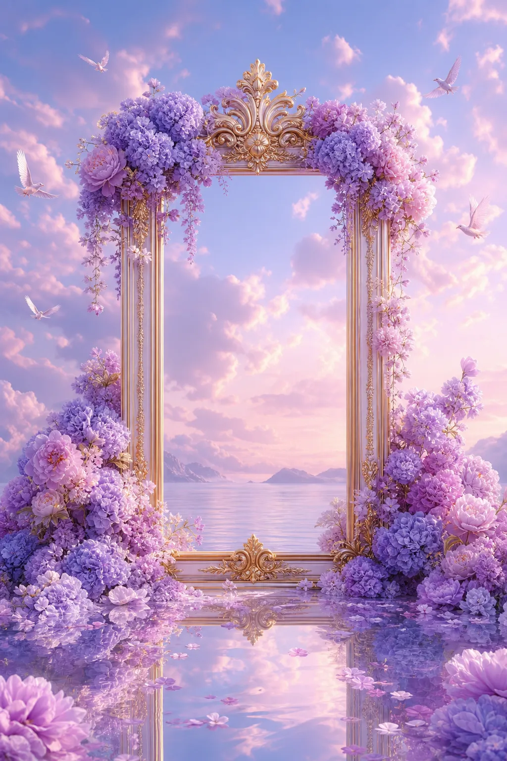 Golden Frame With Purple Flowers And Doves｜AI Image Generation Prompts