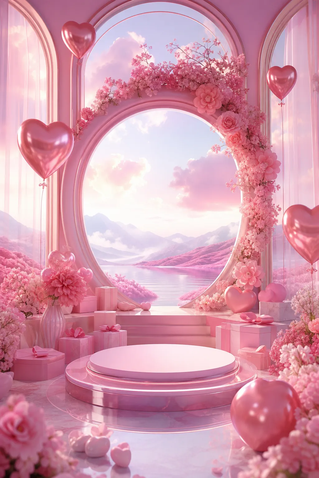 Pink romantic podium with floral arch and heart balloons｜AI Image Generation Prompts