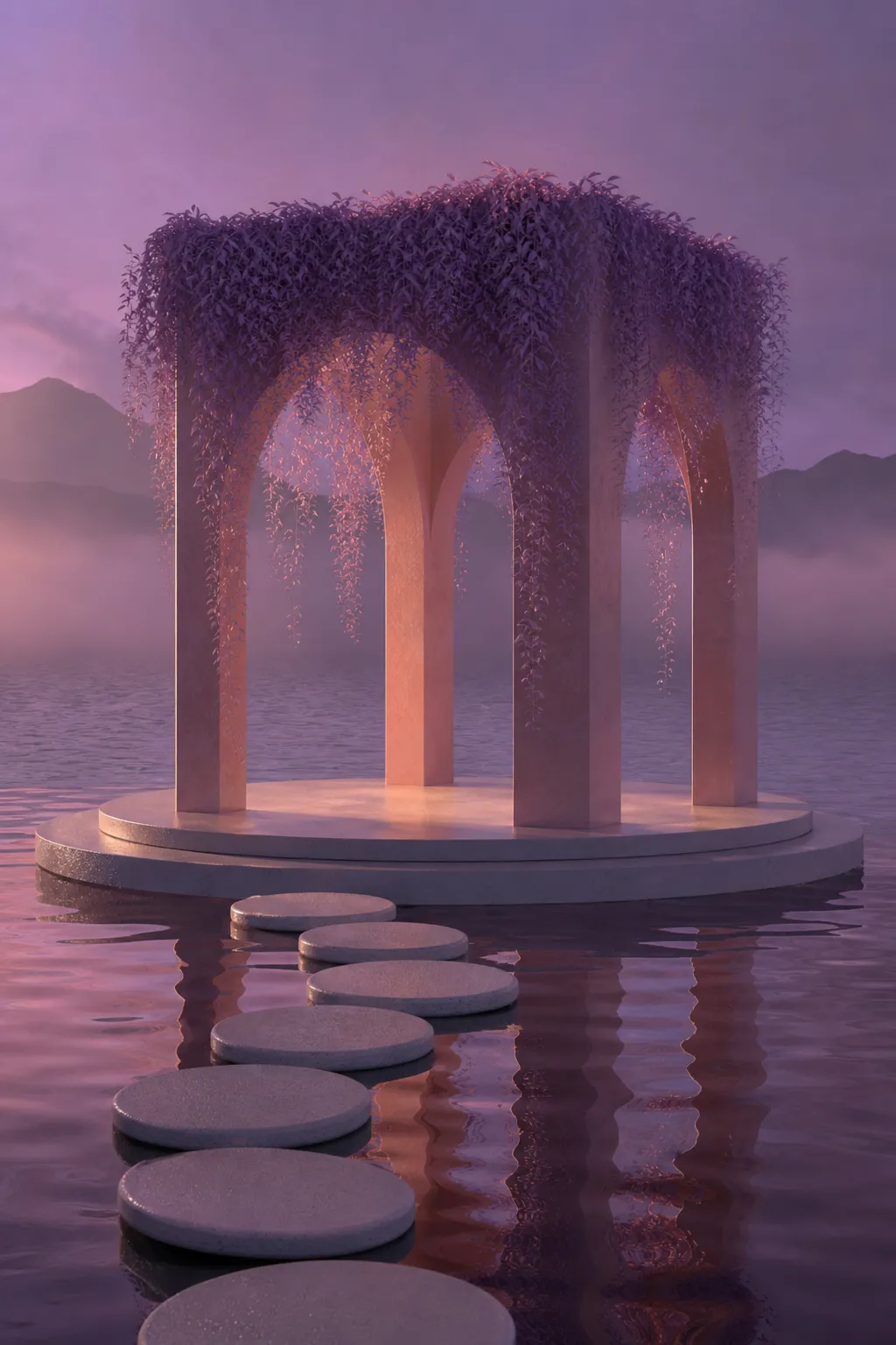 Surreal purple arch pavilion on water with stone steps｜AI Image Generation Prompts