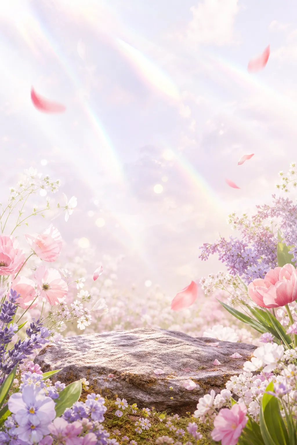 Pastel spring flower field with rock podium and rainbow｜AI Image Generation Prompts
