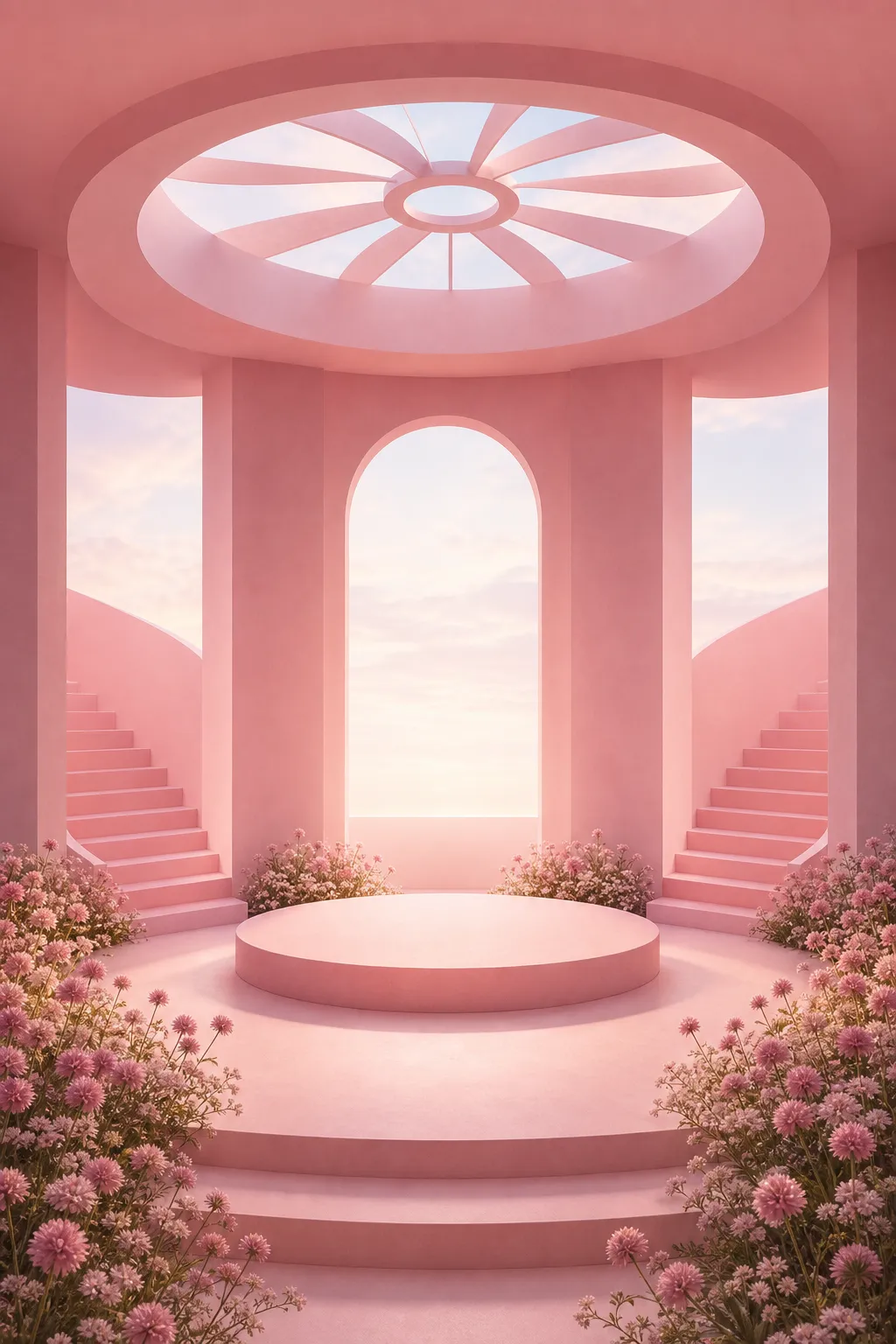 Pink dreamy architectural stage with flowers｜AI Image Generation Prompts