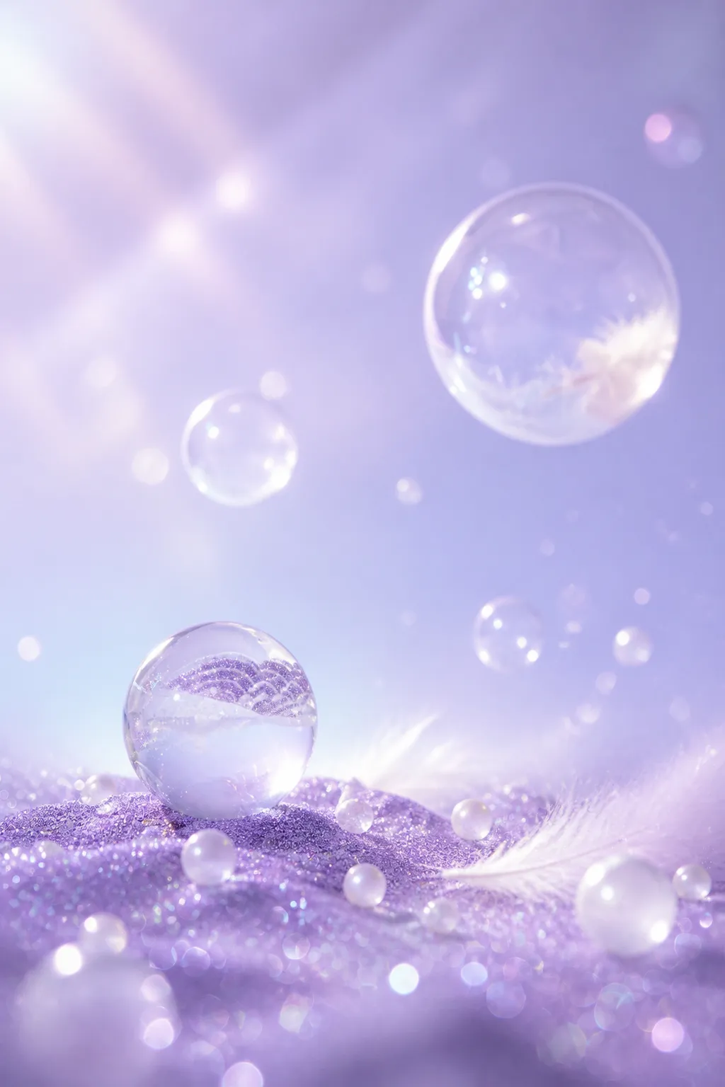 Dreamy purple glitter sand with glass spheres and feathers｜AI Image Generation Prompts