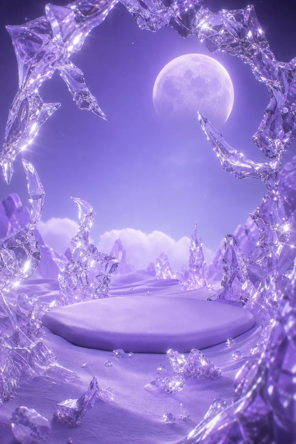 Purple Crystal Podium with Moon Background｜AI Image Generation Prompts