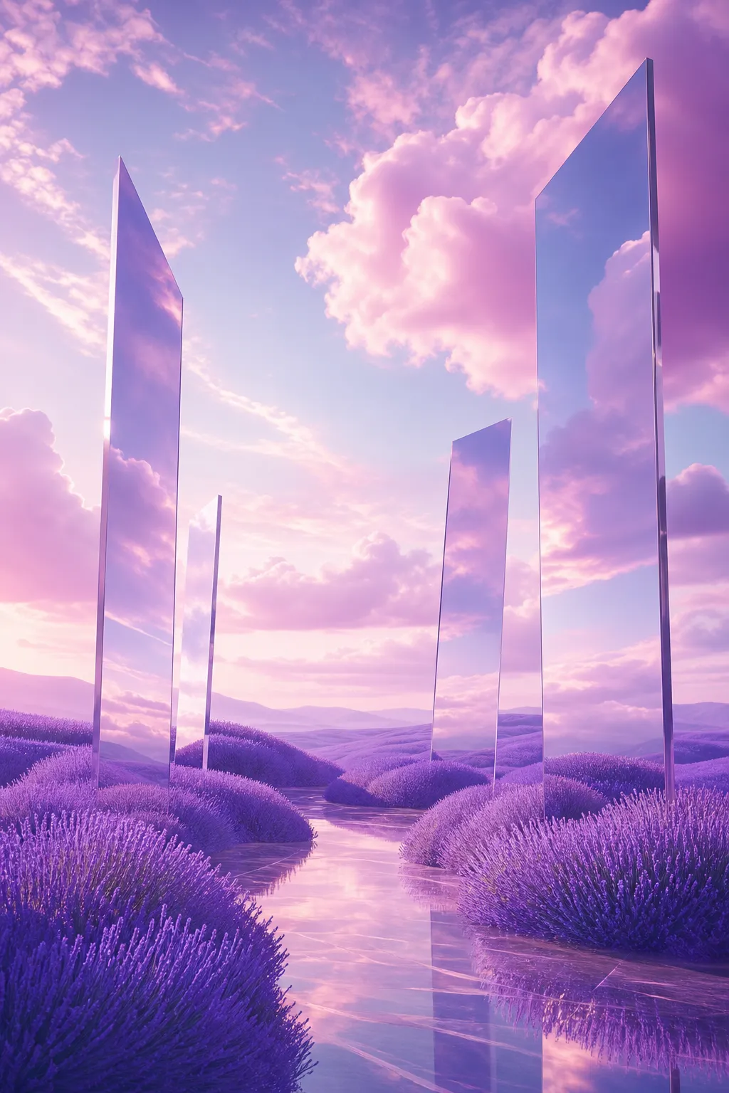 Surreal Lavender Field with Tall Mirror Panels｜AI Image Generation Prompts