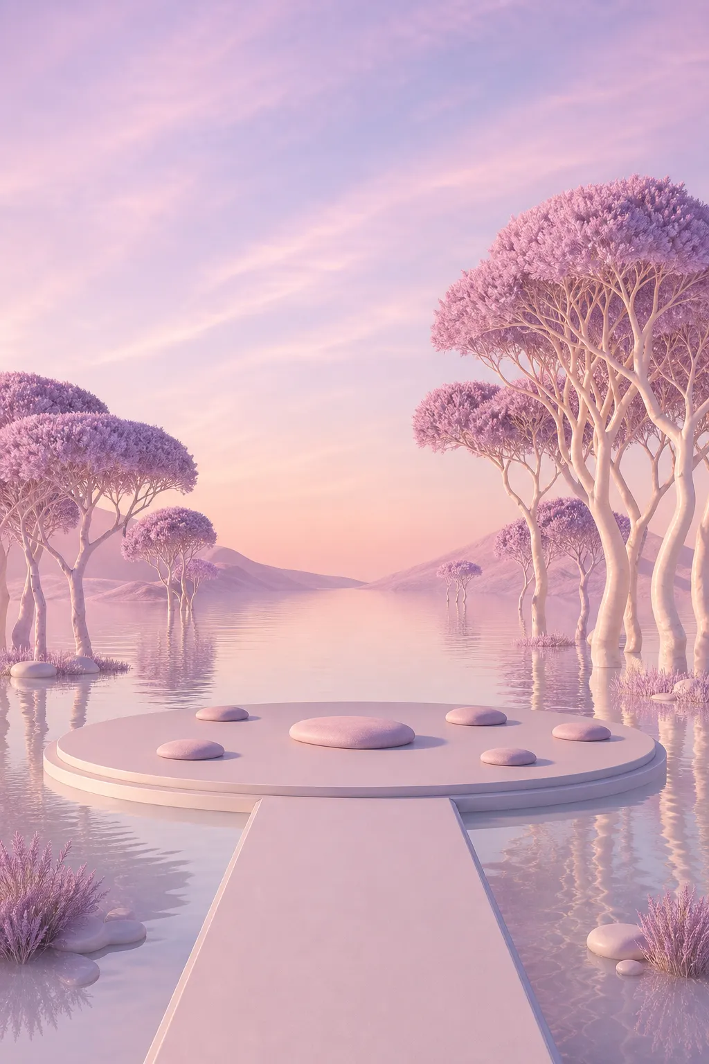 Surreal pastel landscape with circular platform｜AI Image Generation Prompts