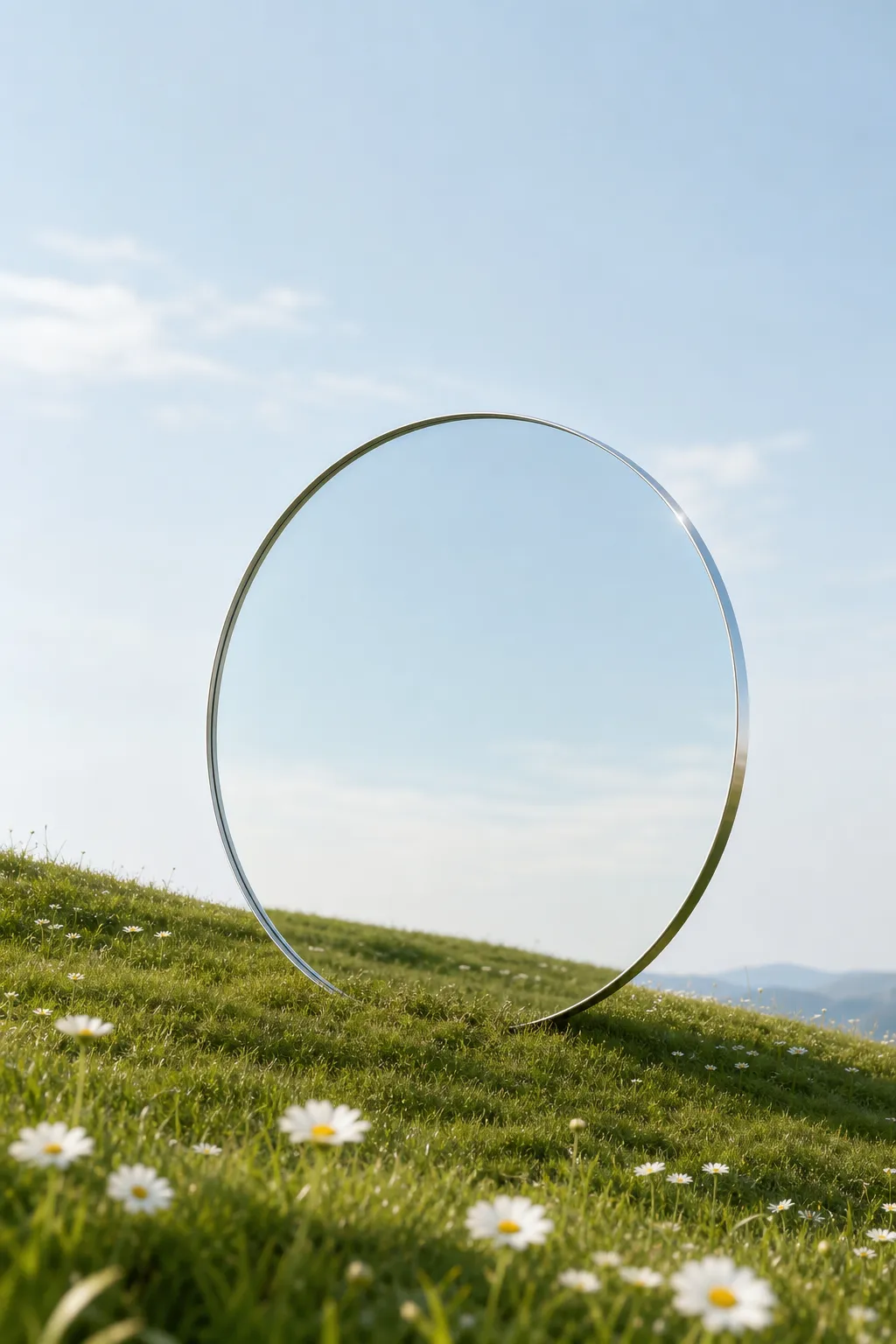 Round mirror on a grassy hill with daisies｜AI Image Generation Prompts
