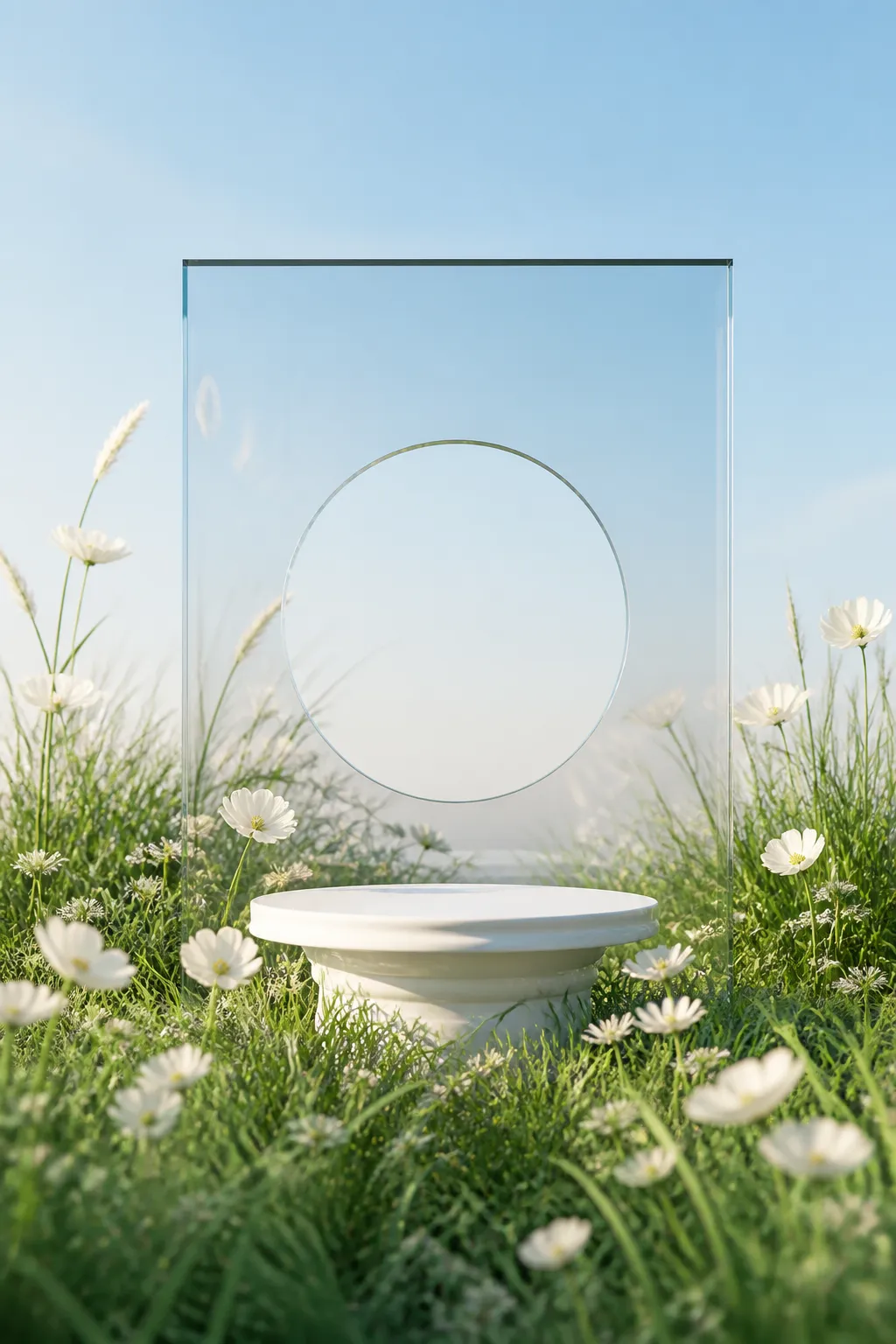 White podium in flower field with glass backdrop｜AI Image Generation Prompts