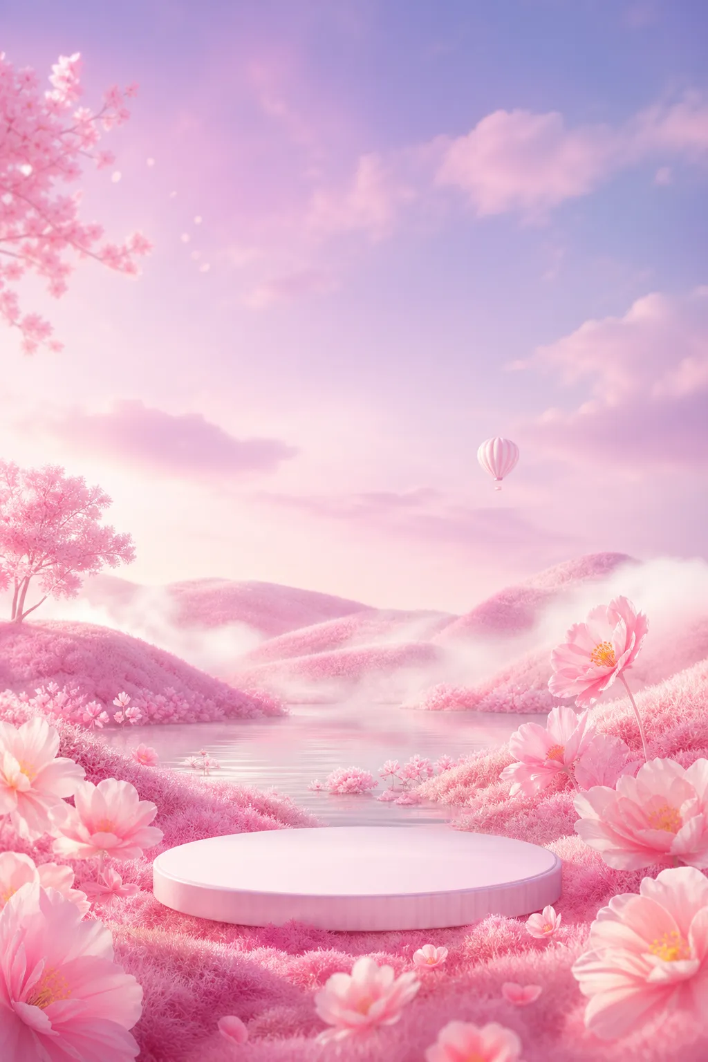 Dreamy pink fantasy landscape with round podium｜AI Image Generation Prompts