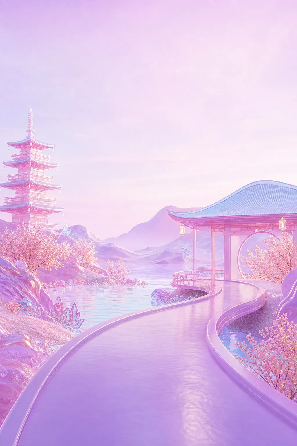 Fantasy purple landscape with pagoda and pavilion｜AI Image Generation Prompts