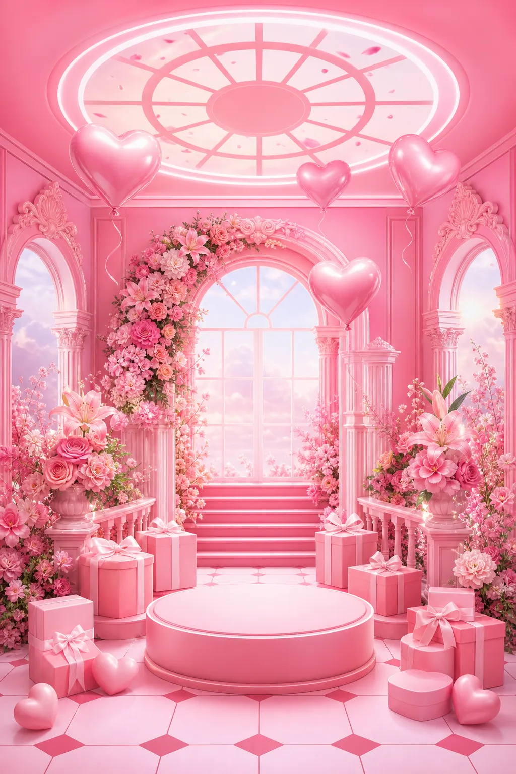 Pink romantic room with floral arch and gift boxes｜AI Image Generation Prompts