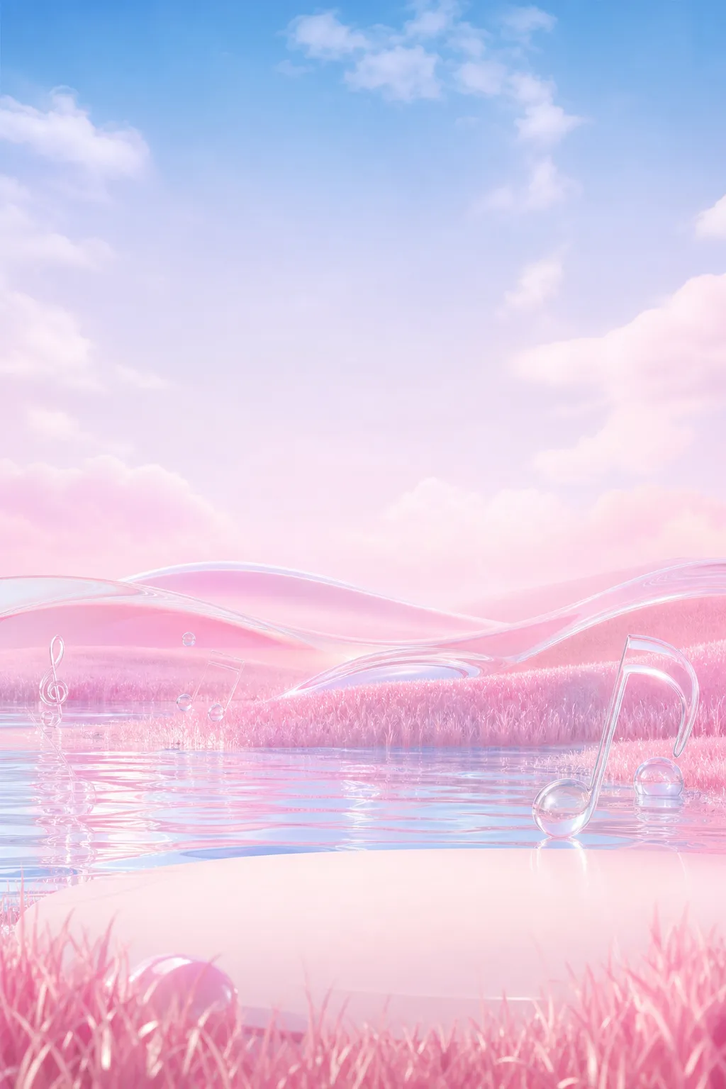 Dreamy pink landscape with glass musical notes｜AI Image Generation Prompts