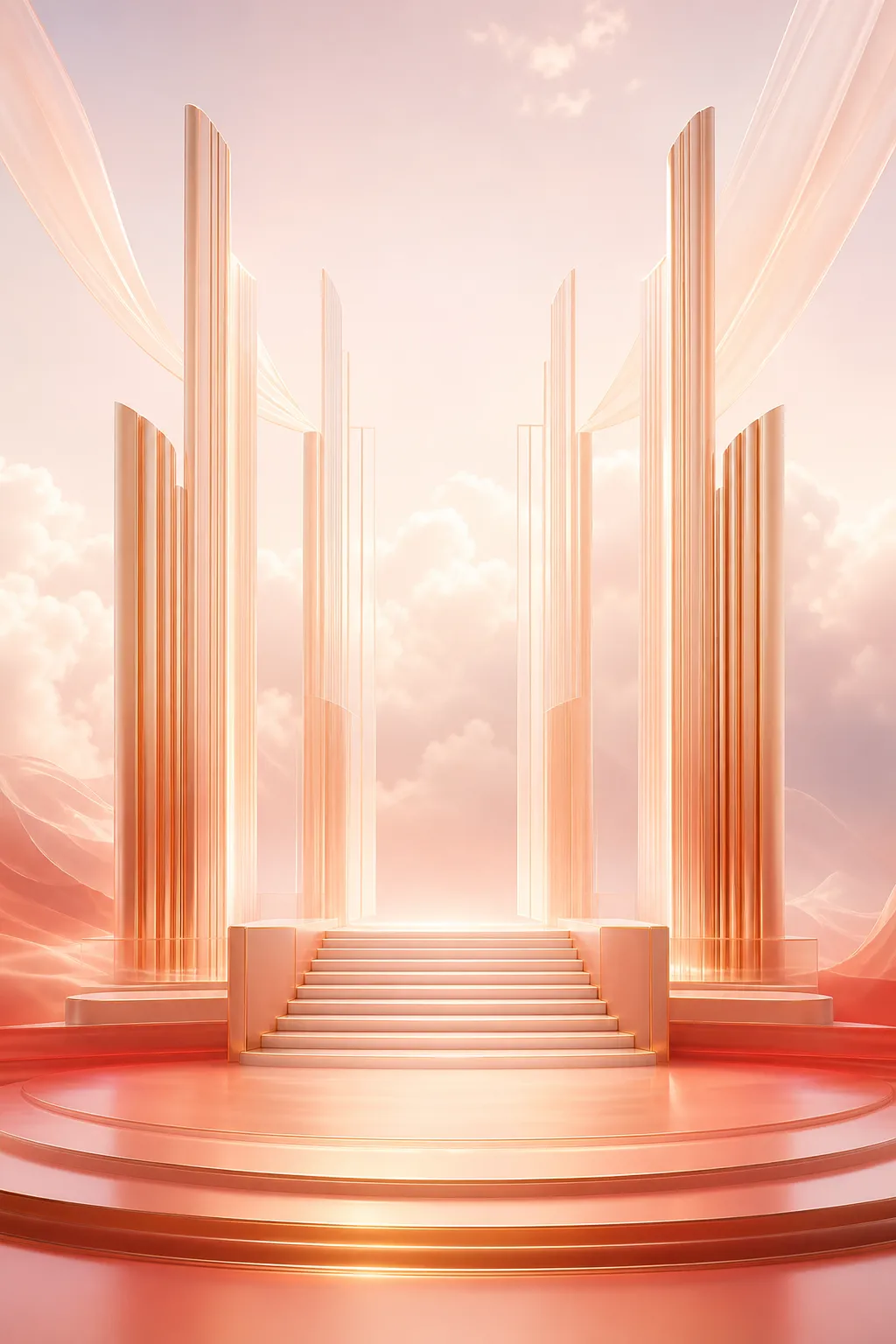 Pink 3D Podium Stage with Columns and Clouds｜AI Image Generation Prompts