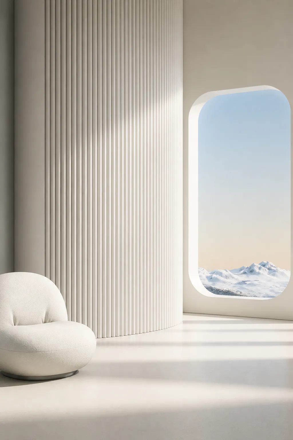 Minimalist White Interior With Arched Window View｜AI Image Generation Prompts