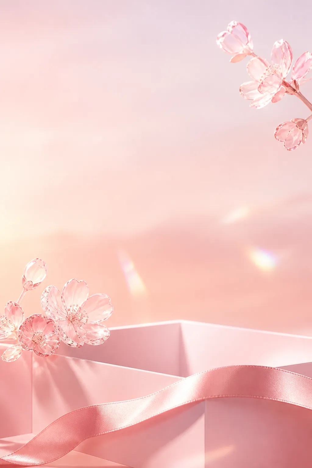 Pink Podium with Ribbon and Crystal Flowers｜AI Image Generation Prompts