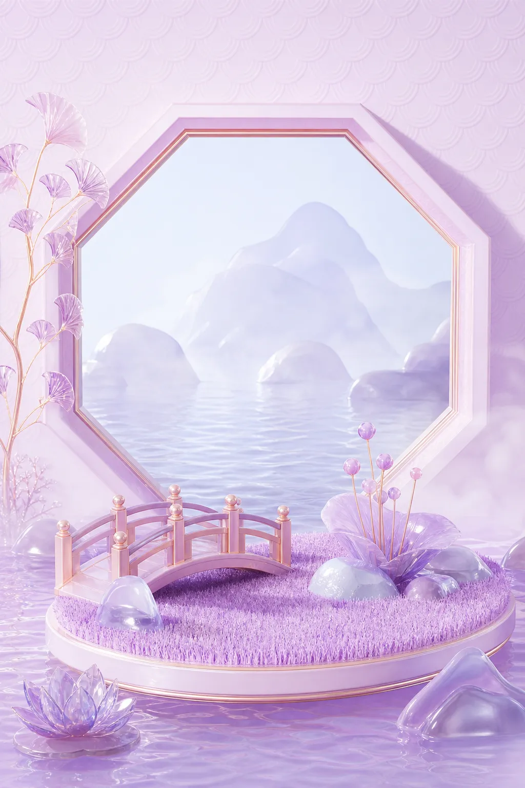 Dreamy pastel purple 3D landscape with bridge and frame｜AI Image Generation Prompts
