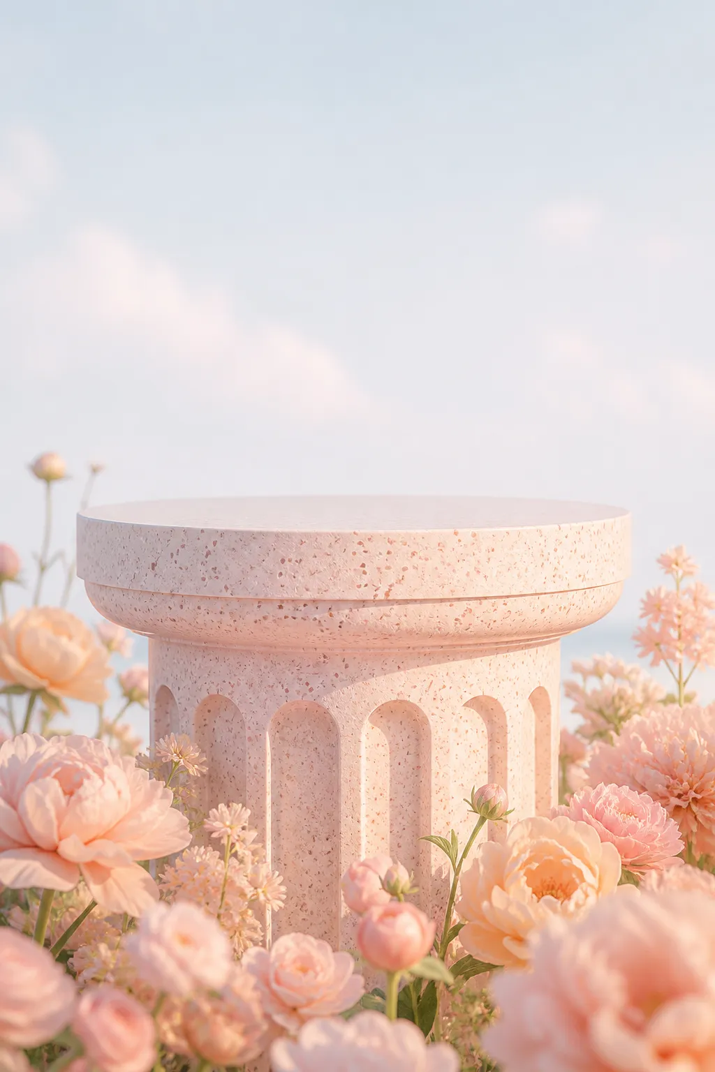 Pink terrazzo podium surrounded by soft pink flowers｜AI Image Generation Prompts