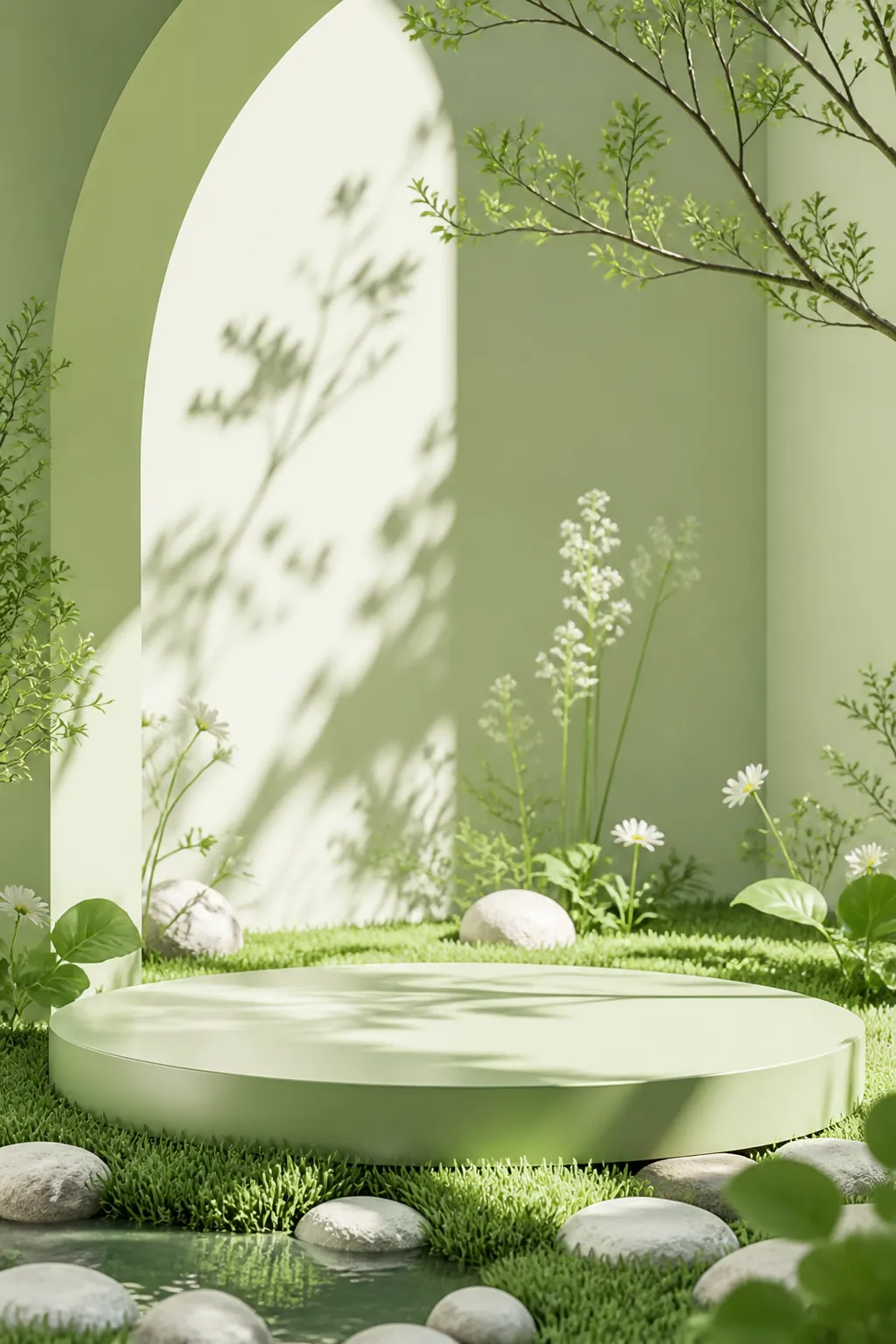 Green Nature Podium Display Scene with Flowers｜AI Image Generation Prompts