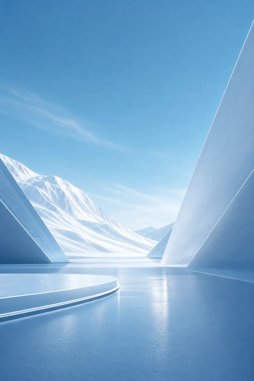 Minimalist blue podium with snowy mountains background｜AI Image Generation Prompts
