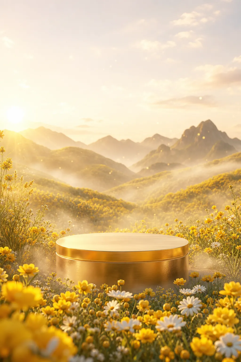 Golden podium in a yellow flower field with mountains｜AI Image Generation Prompts