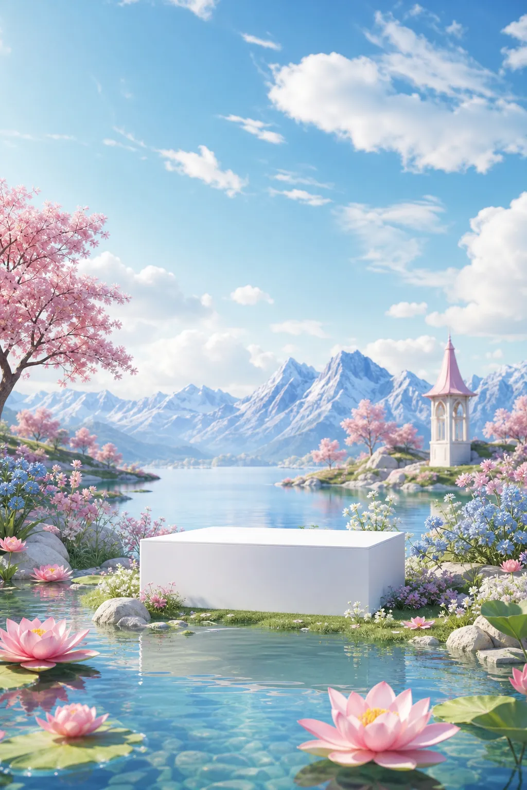 White podium in fantasy lake landscape with lotus flowers｜AI Image Generation Prompts