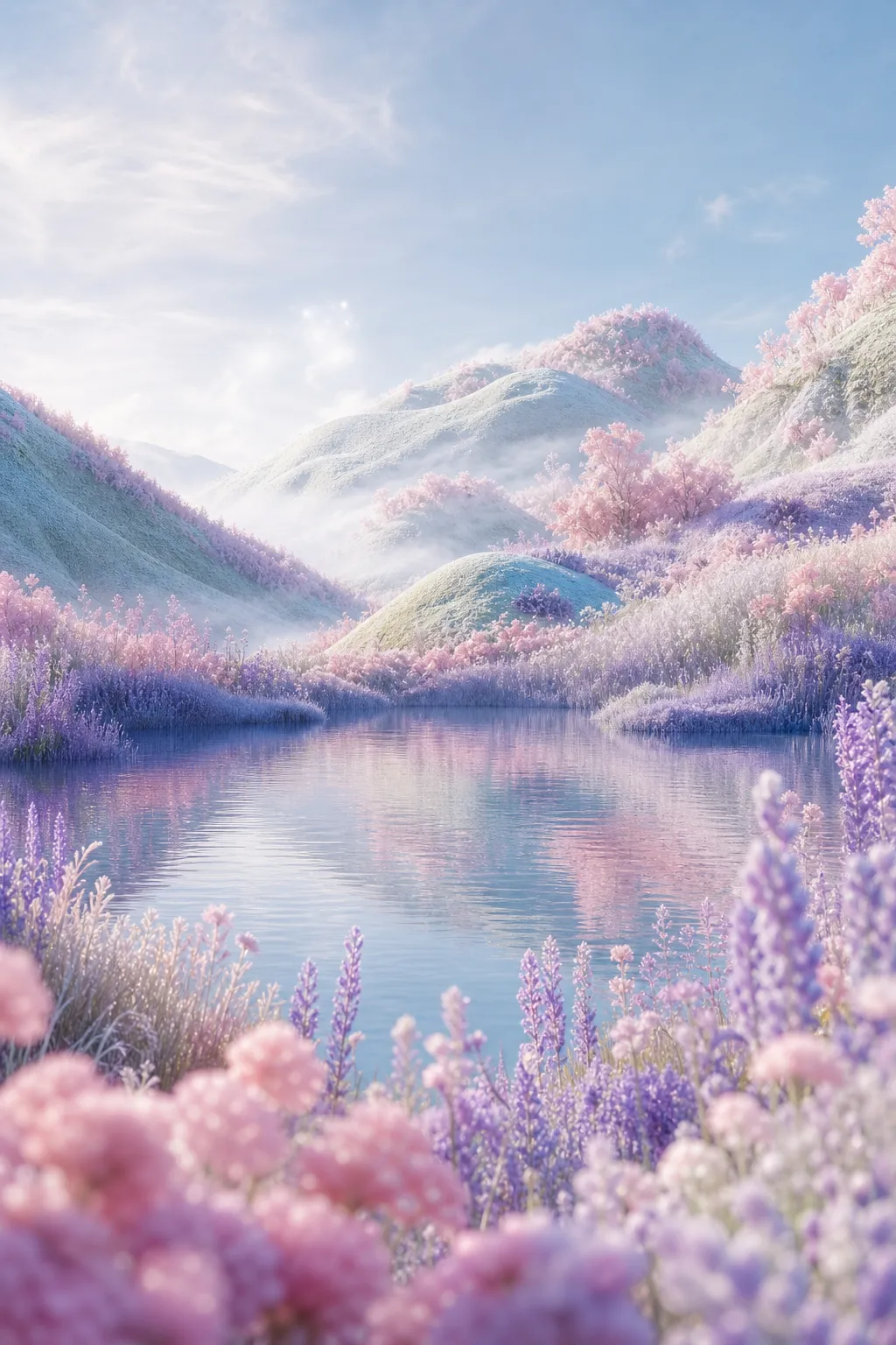 Fantasy landscape with lake, pink trees and purple flowers｜AI Image Generation Prompts