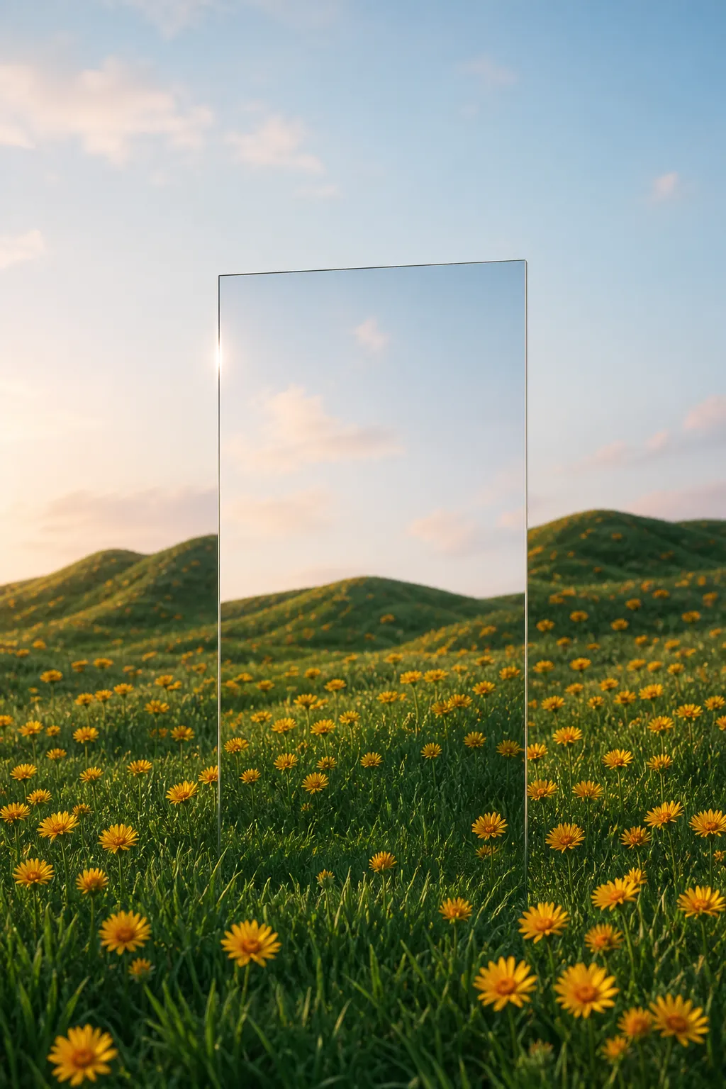 Rectangular mirror in a field of yellow flowers｜AI Image Generation Prompts