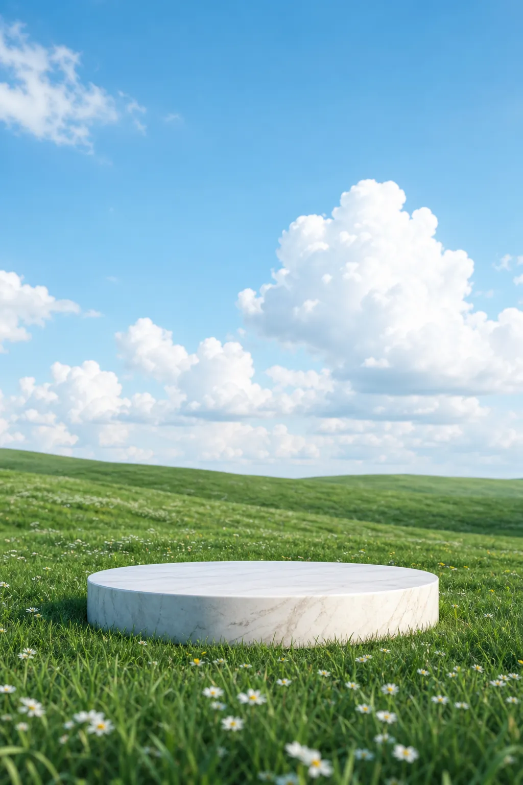 White marble podium on grassy meadow under blue sky｜AI Image Generation Prompts