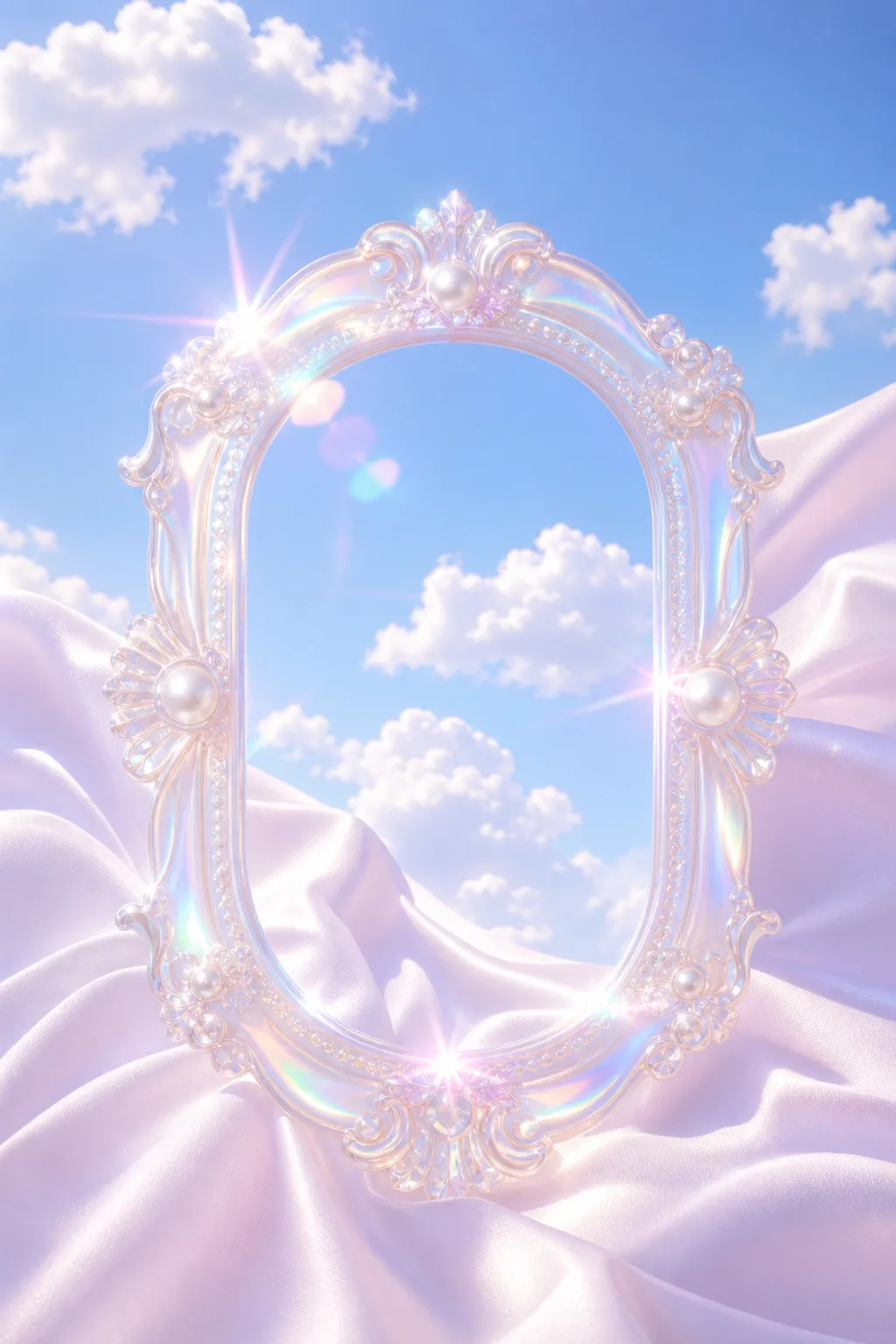 Ornate Iridescent Mirror Frame with Pearls and Sky｜AI Image Generation Prompts