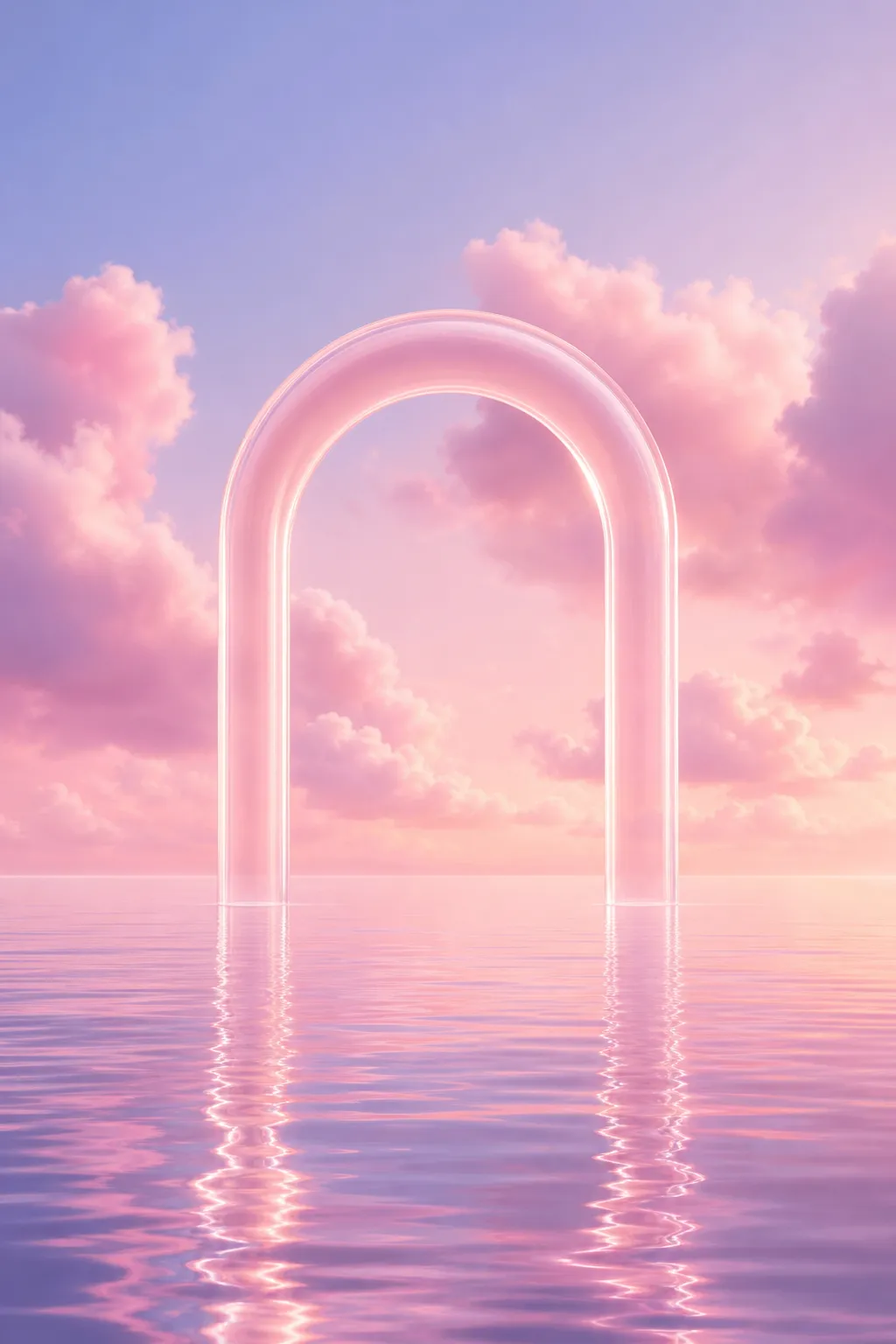 Glowing Pink Archway Standing In Calm Water Under Cloudy Sky｜AI Image Generation Prompts