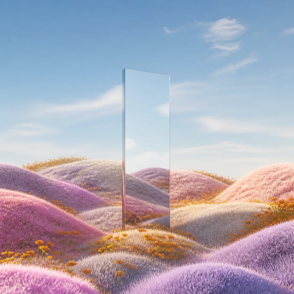 Rectangular mirror in pastel hills landscape｜AI Image Generation Prompts