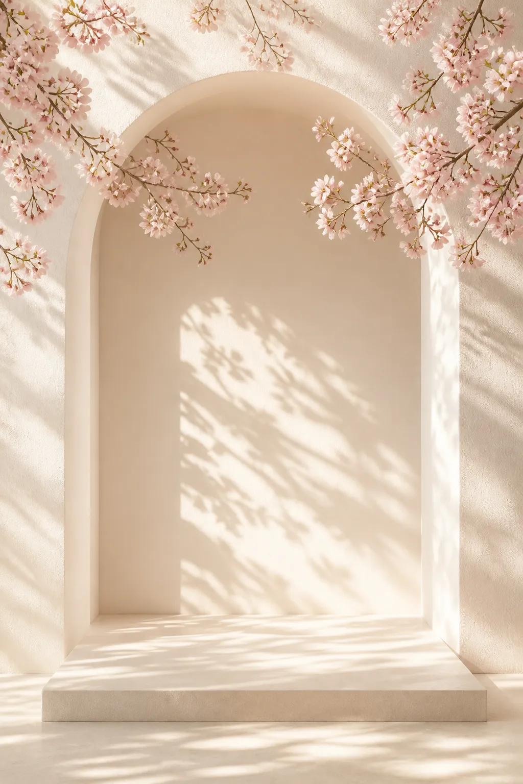 Minimalist Arch Podium with Cherry Blossoms｜AI Image Generation Prompts