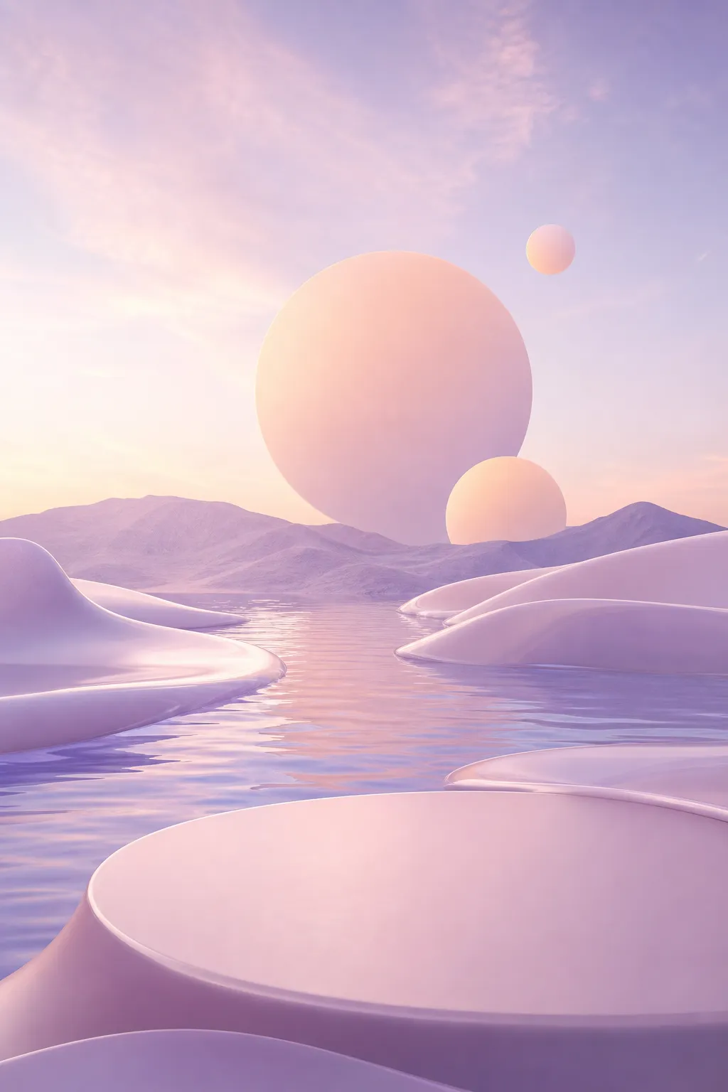Surreal pastel landscape with spheres and water｜AI Image Generation Prompts