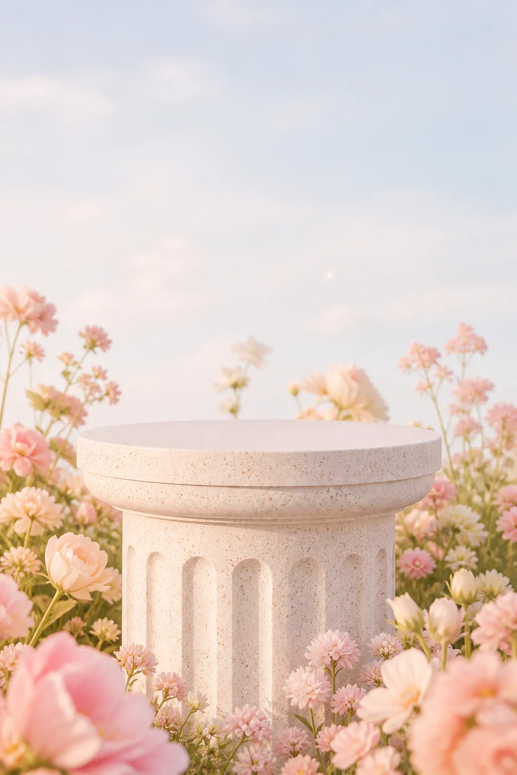Stone podium surrounded by pink flowers in a field｜AI Image Generation Prompts