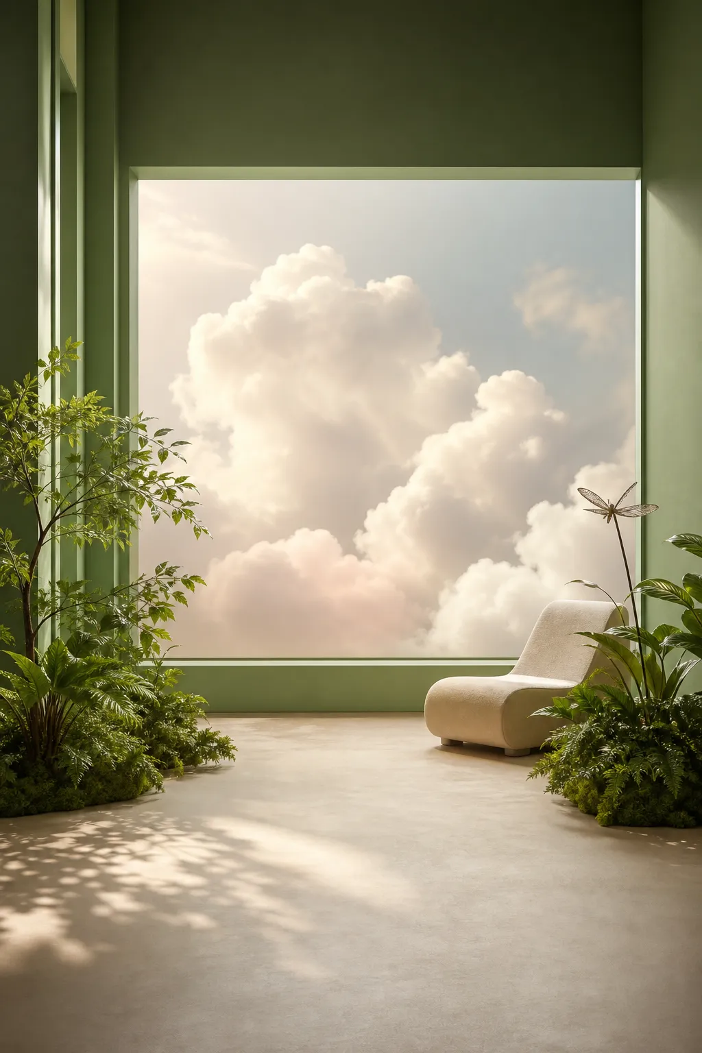 Minimalist Green Room With Large Window And Cloud View｜AI Image Generation Prompts
