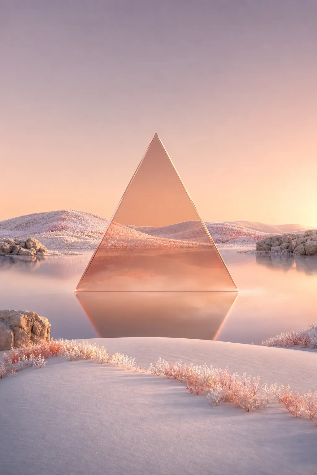 Glass pyramid reflecting snowy landscape at sunset｜AI Image Generation Prompts