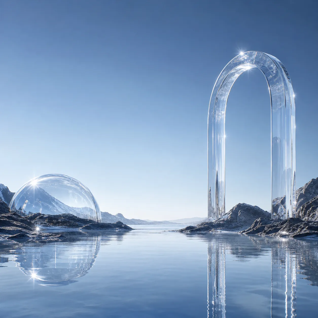 Surreal glass arch and dome landscape with water reflection｜AI Image Generation Prompts