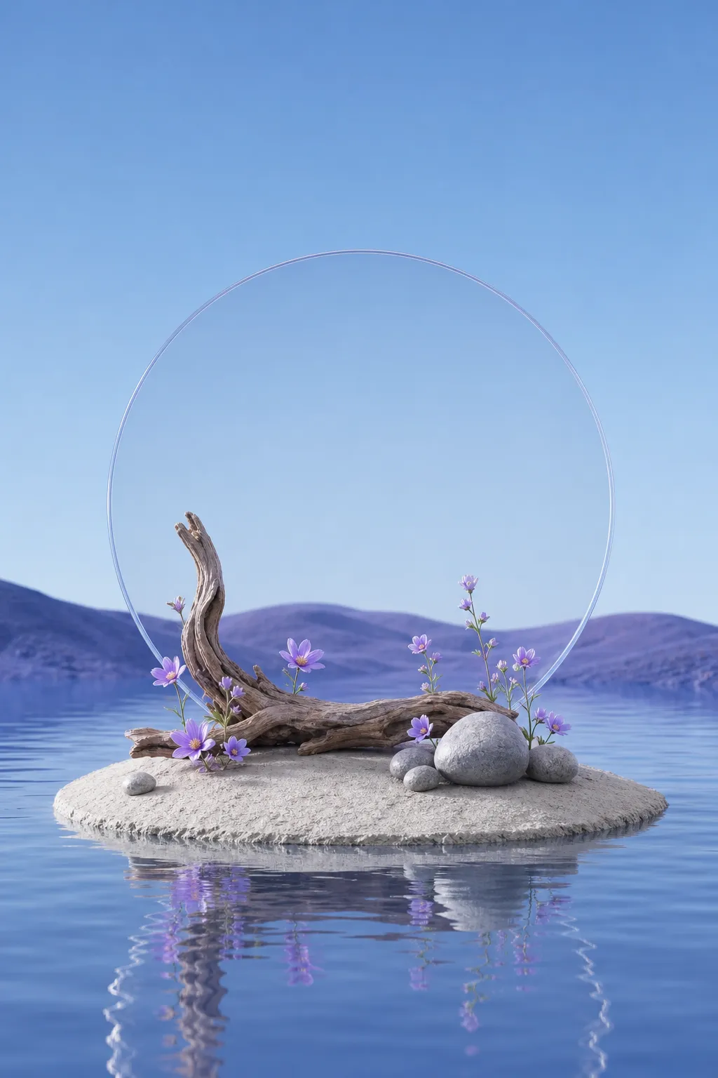 Minimalist podium with driftwood and purple flowers｜AI Image Generation Prompts
