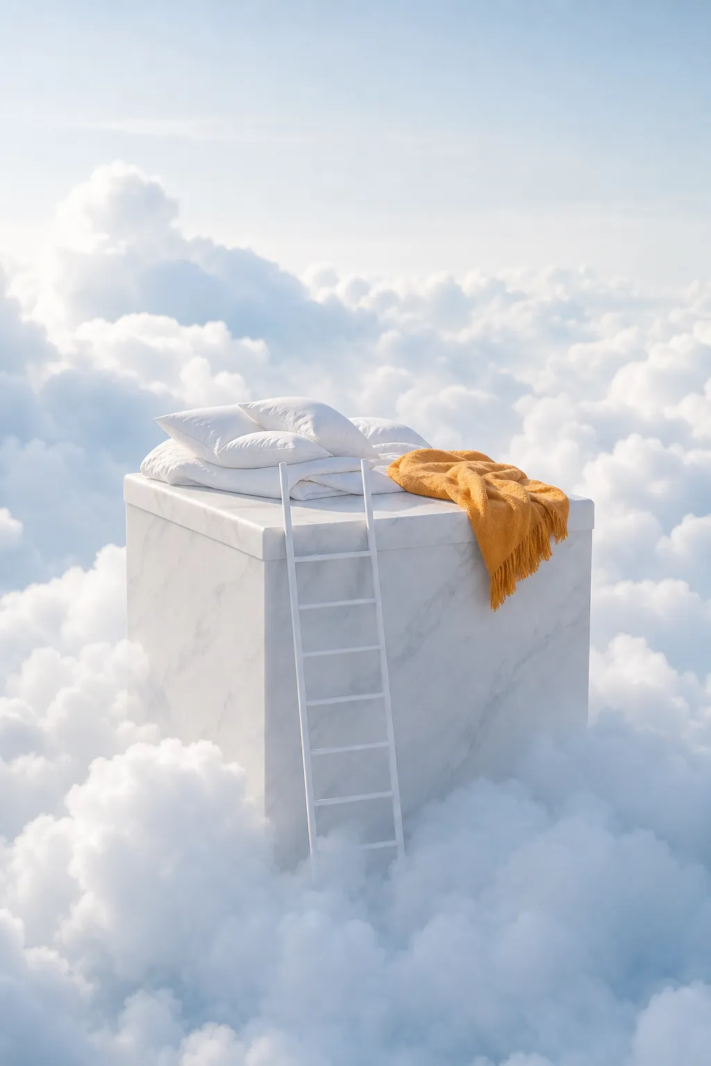Marble bed platform with pillows and yellow blanket in cloud｜AI Image Generation Prompts