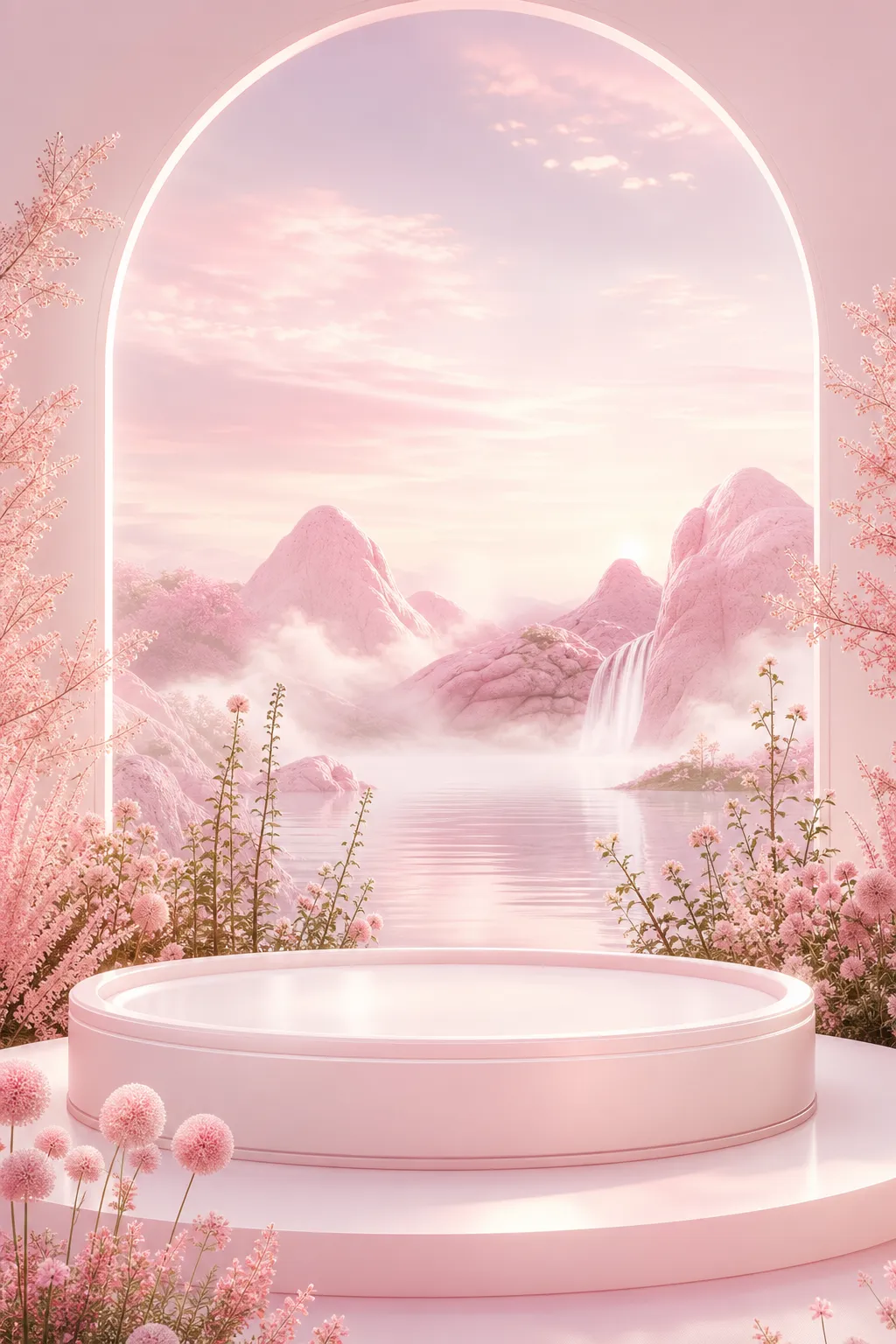 Pink circular podium with scenic mountain landscape｜AI Image Generation Prompts