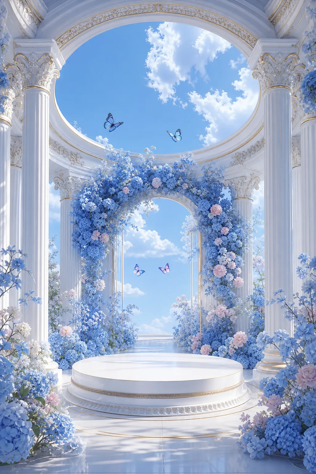 Fantasy white stage with blue floral arch and sky｜AI Image Generation Prompts