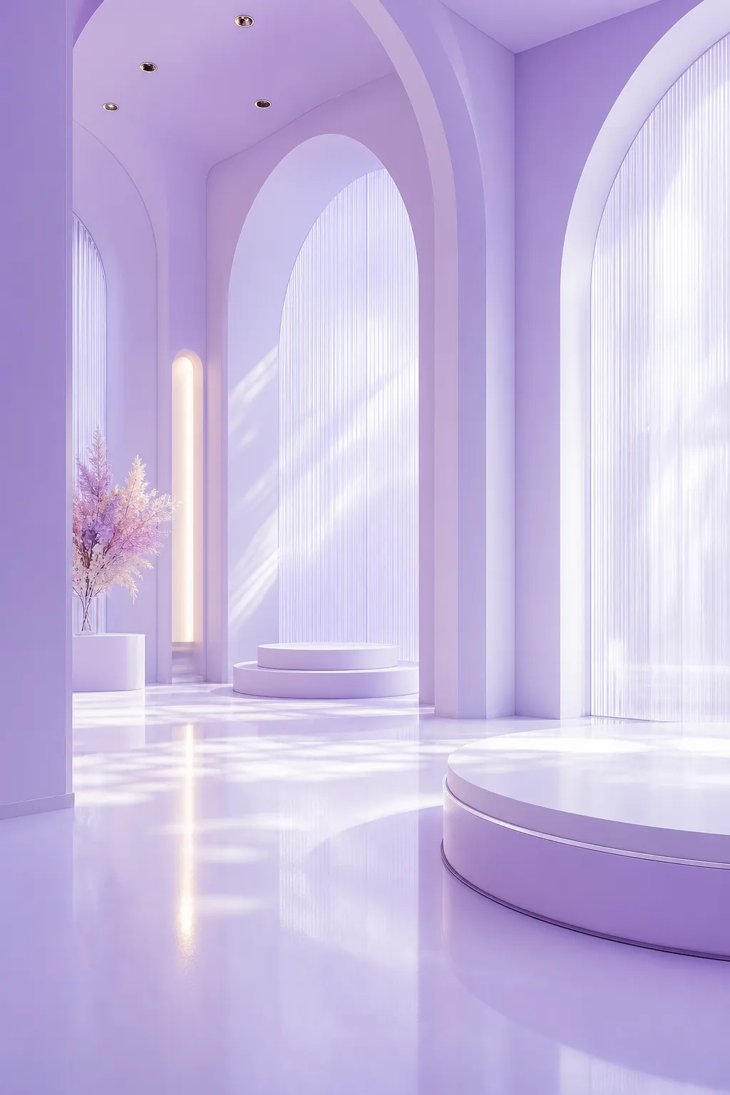 Minimalist purple interior with arches and podiums｜AI Image Generation Prompts