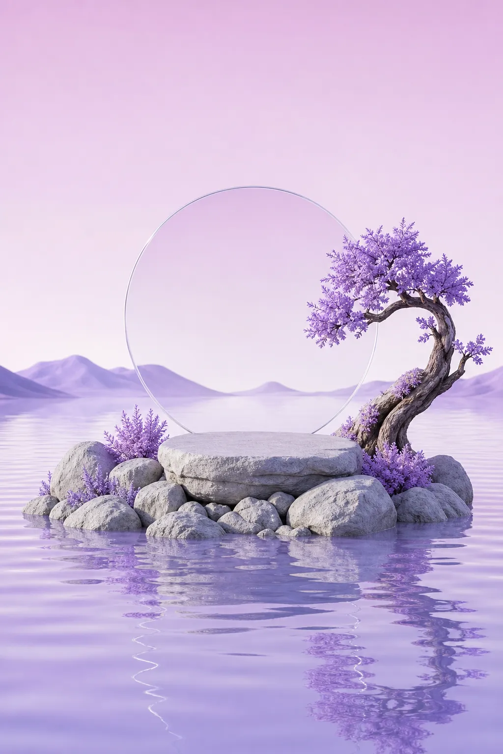 Purple stone podium with tree and circle frame on water｜AI Image Generation Prompts