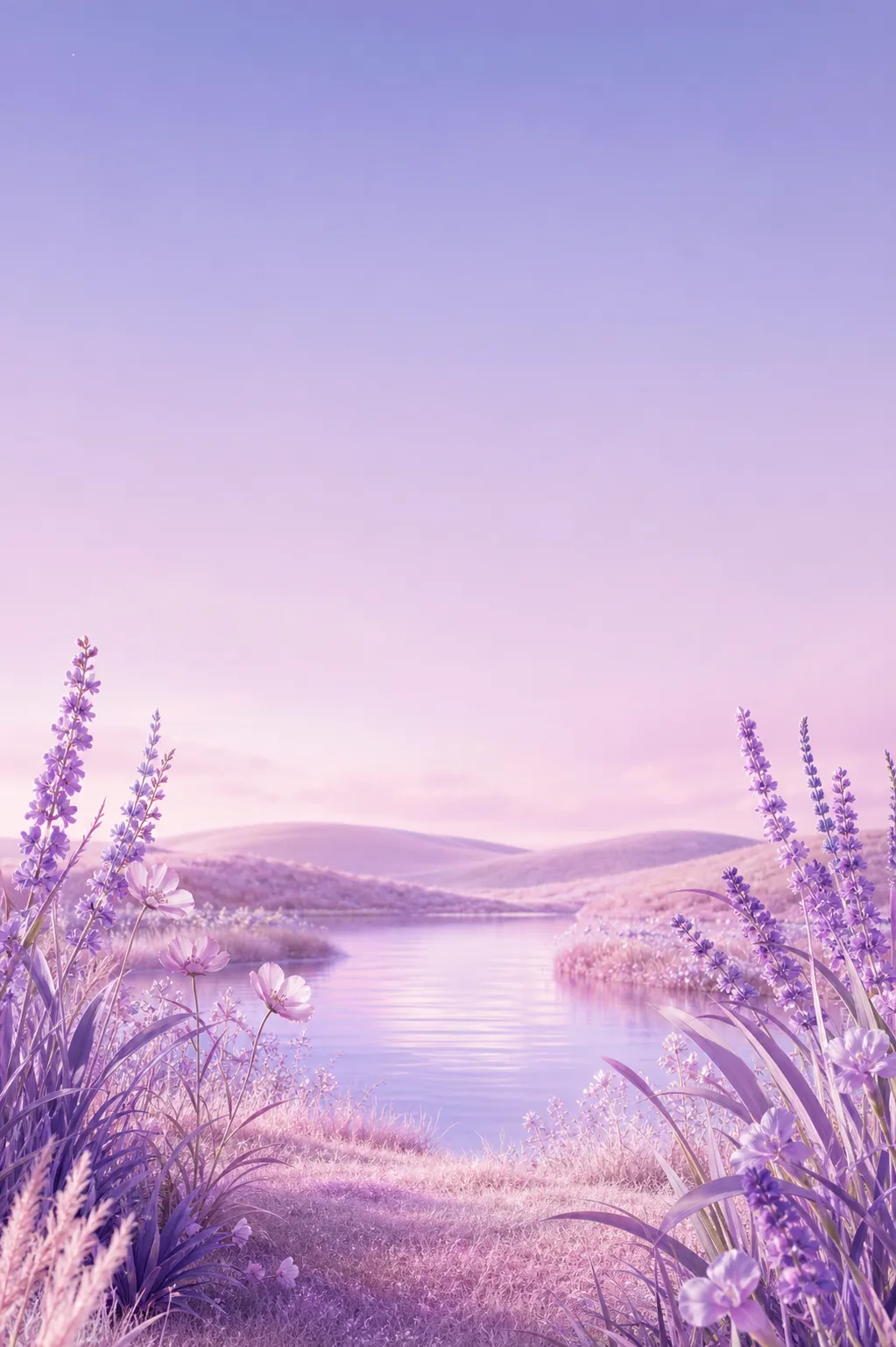 Dreamy purple lake landscape with flowers｜AI Image Generation Prompts