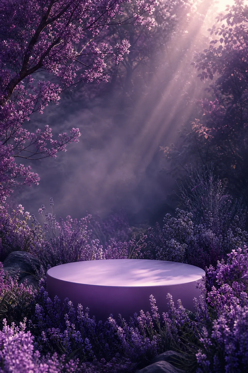 Purple circular podium in a magical flower forest｜AI Image Generation Prompts