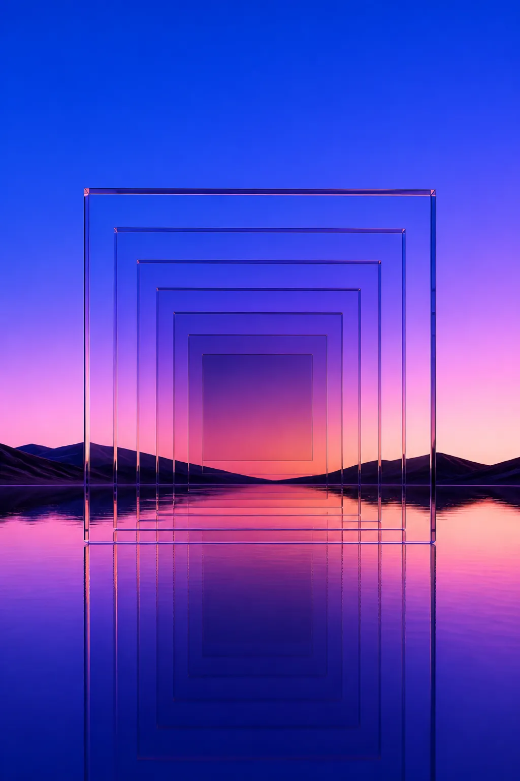 Concentric glass squares reflecting sunset over water｜AI Image Generation Prompts