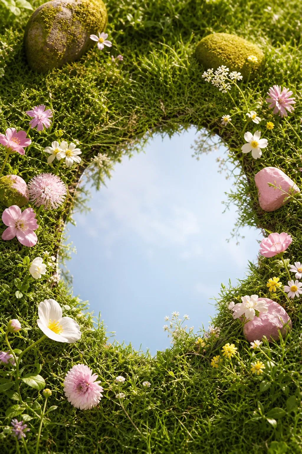 Grass circle frame with flowers and stones against sky｜AI Image Generation Prompts