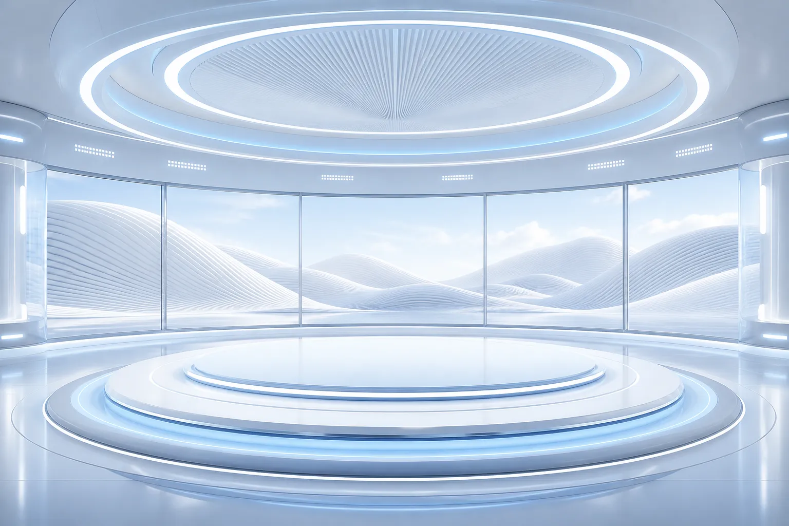 Futuristic white circular room with stage and window view｜AI Image Generation Prompts