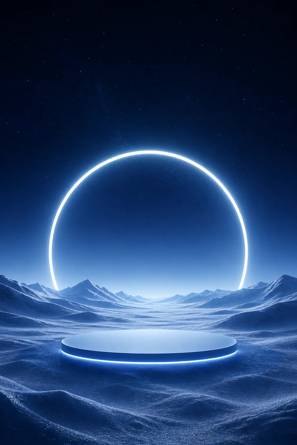 Glowing circular podium in snowy landscape with neon ring｜AI Image Generation Prompts
