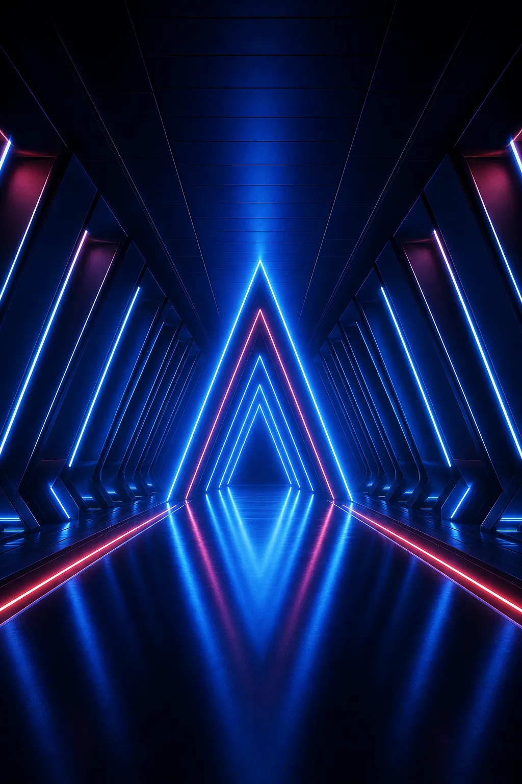 Futuristic Neon Triangle Tunnel with Blue and Red Lights｜AI Image Generation Prompts